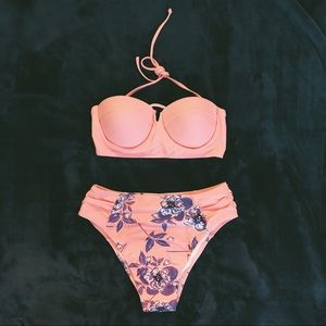 Pink and Purple Floral High Waisted Bikini Set